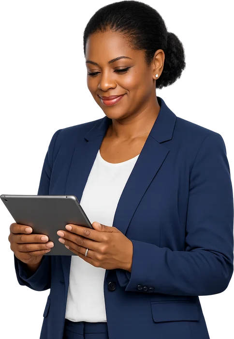 Comptable souriante qui consulte une tablette