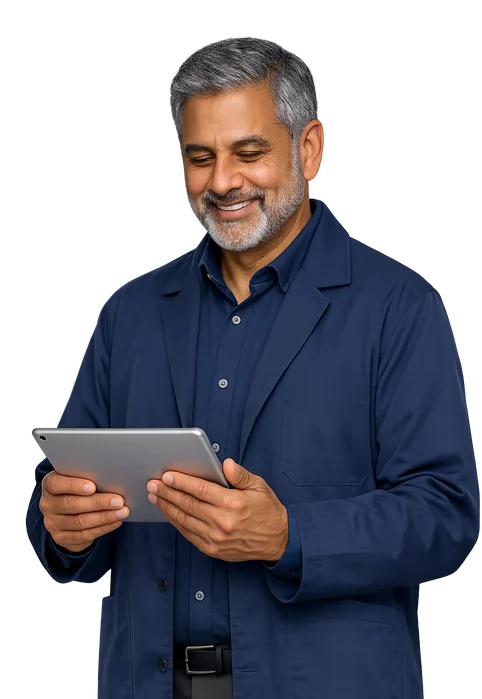 Médecin souriant qui consulte une tablette