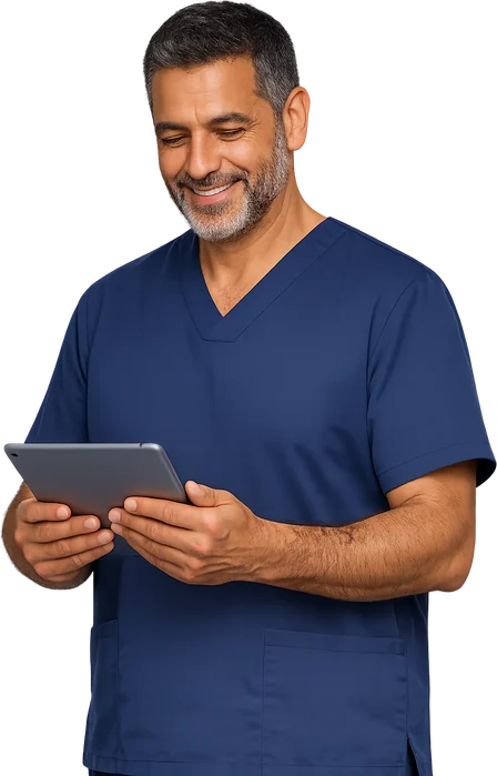 Massothérapeute souriant qui consulte une tablette
