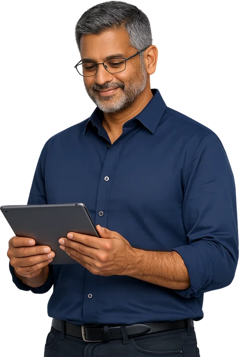 Optométriste souriant qui consulte une tablette
