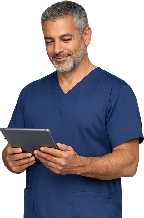 Ostéopathe souriant qui consulte une tablette